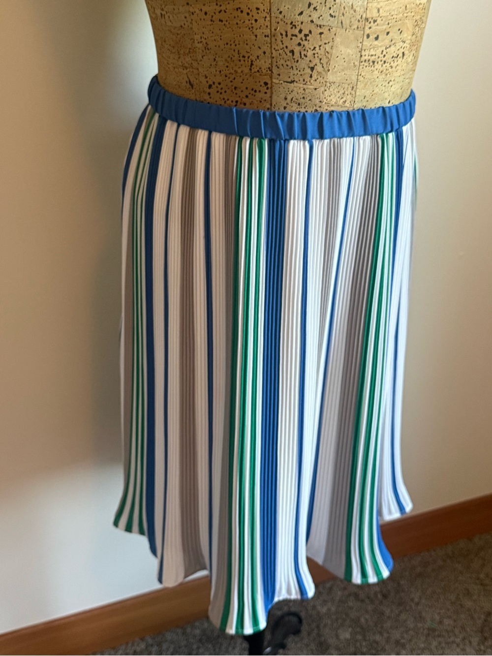 Banana Republic White Pleated Skirt with Blue & Green Stripes